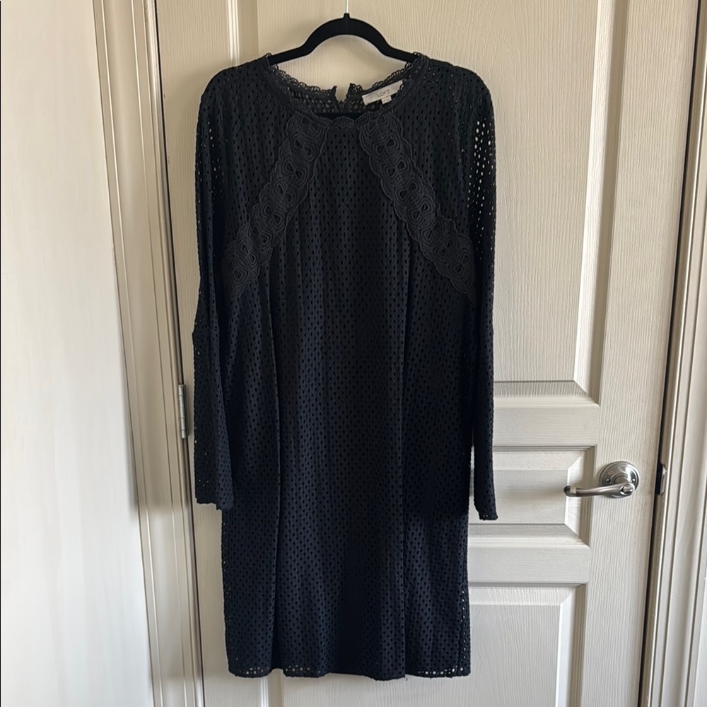 LOFT Black Sheath Dress Long Sleeve Crew Neck